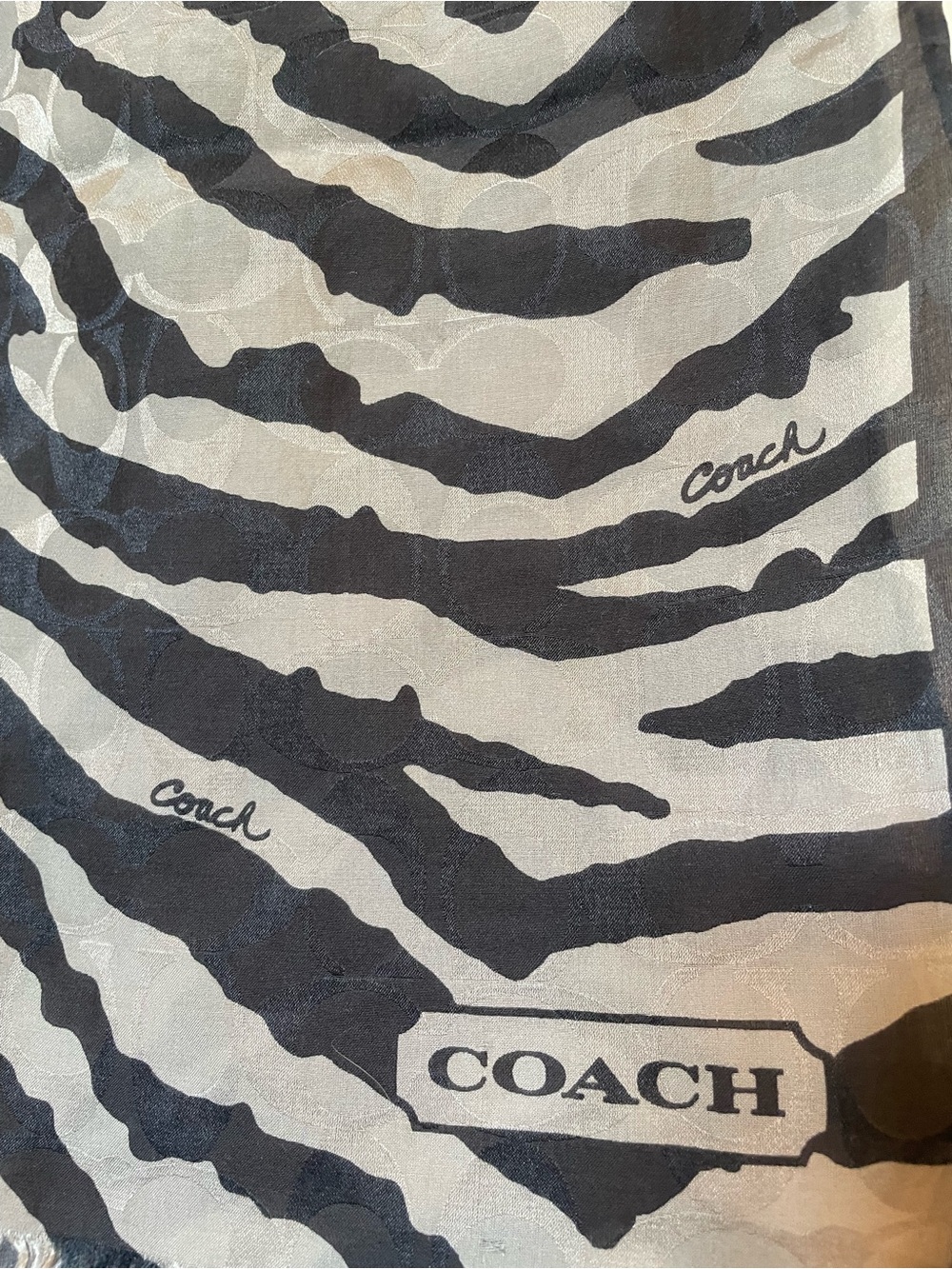 Coach Zebra Stripe Logo Scarf in Black and Gray - Picture 6 of 10